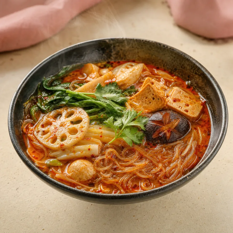 Mala-Tang-Bowl mit Gemüse, Nudeln und Tofu