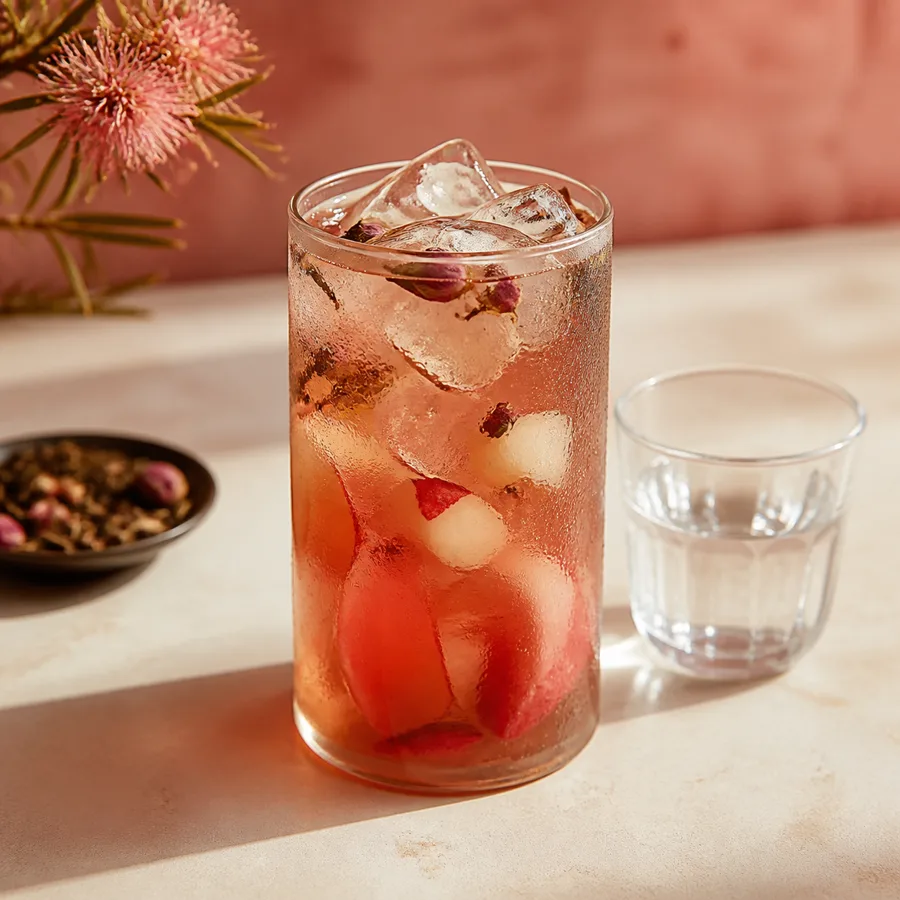 Erfrischender rosafarbener Eistee mit Eiswürfeln